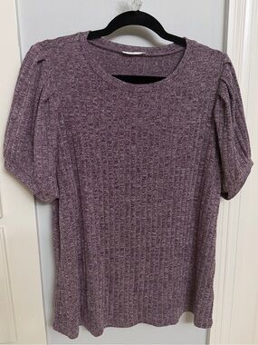ht women’s size XXL ribbed shirt solid plum purple pleated puff short sleeves